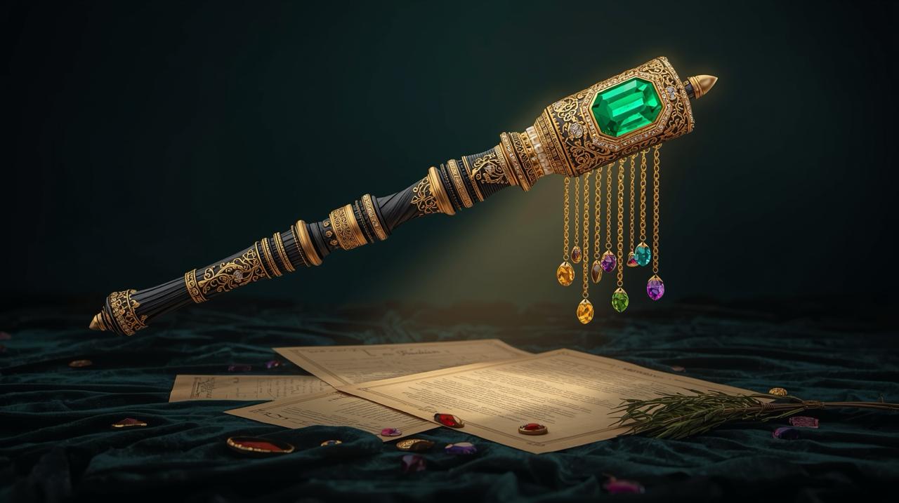 Magic Wand — ornate wand with emerald gem and gold filigree