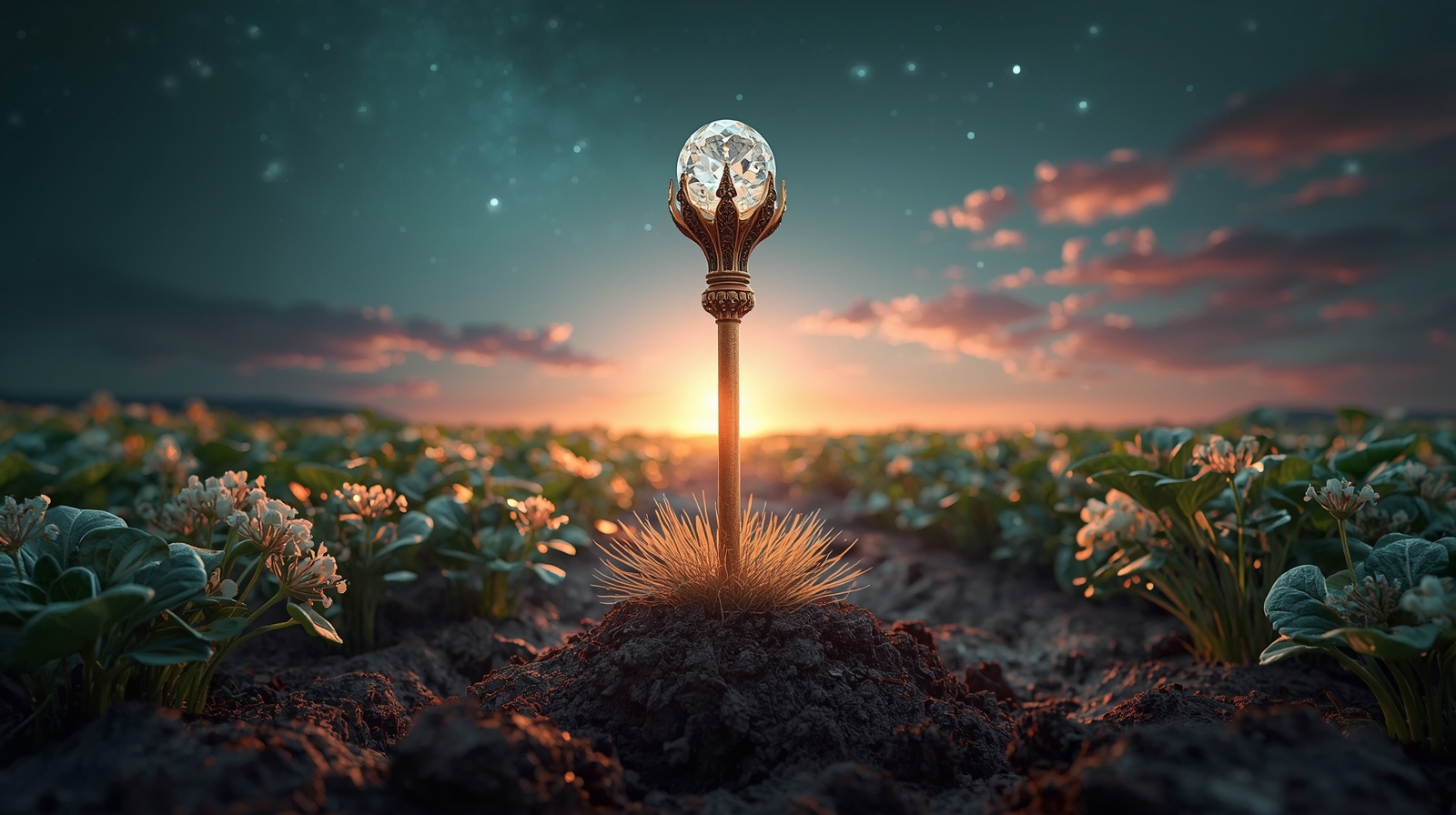 The Scepter — golden crown-topped scepter rising from the earth
